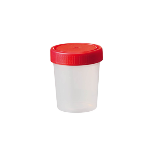 Pot de prélèvement en plastique avec un bouchon rouge et non stérile, sur un fond blanc