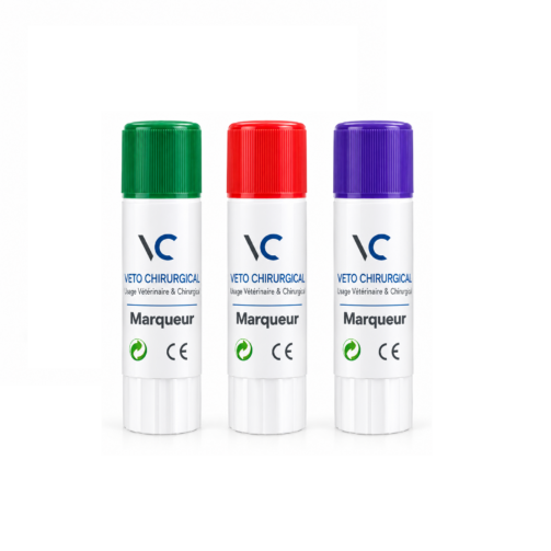 Crayon marqueur pour animaux Veto Chirurgical avec capuchon vert, rouge ou violet.